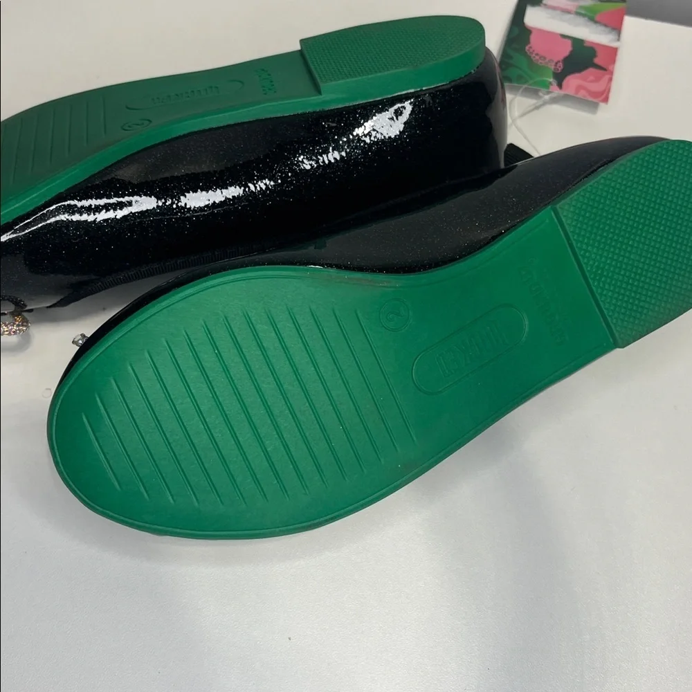 NEW 💜🖤💚Wicked Black + Purple Ballet Flats Girls Size 2 with faux diamond bow